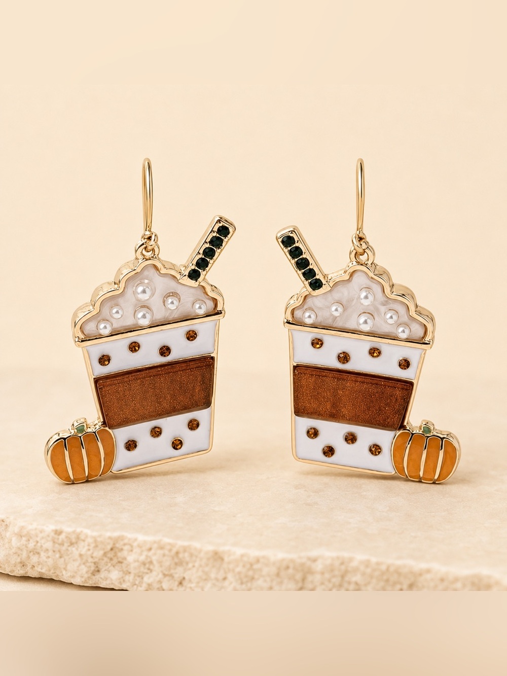 Gold-Tone Pumpkin Spice Bubble Tea Drop Earrings in Brown & White
